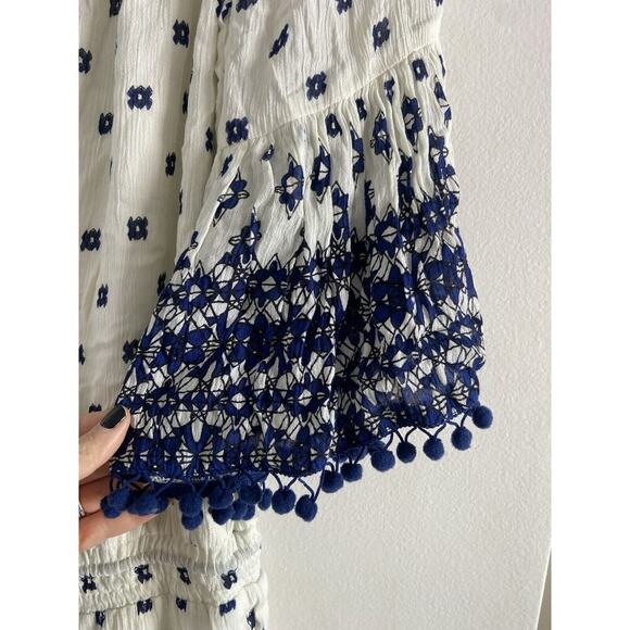 Anthropologie RAGA romper NWT Size S Blue And White Pom Pom Boho Off Shoulders - Picture 3 of 6